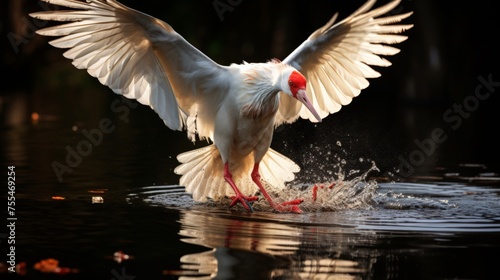 White crested ibis splashes in lake water and sunset
 photo