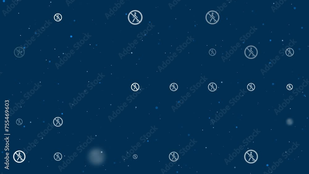 Template animation of evenly spaced pedestrian traffic prohibited signs of different sizes and opacity. Seamless looped 4k animation on dark blue background with stars Template animation of evenly spaced pedestrian traffic prohibited signs of different sizes and opacity. Seamless looped 4k animation on dark blue background with stars
