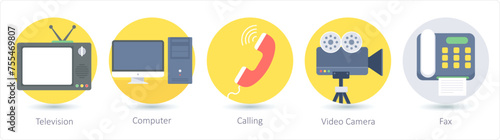 A set of 5 communication icons as television, computer, calling