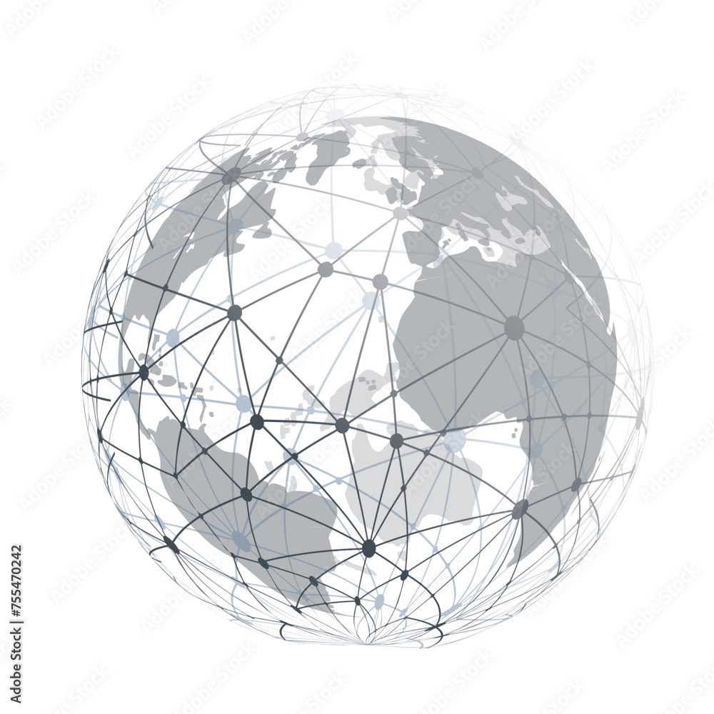 Black and White Modern Minimal Style Polygonal Network Structure, Digital Telecommunications Concept Design, Network Connections, Transparent Geometric Wireframe, Creative Isolated Vector Illustration