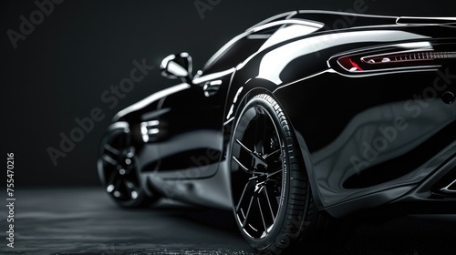 A close-up of a sleek  luxury black car s front side  highlighting the design and details under dramatic lighting