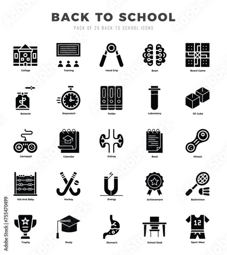 Collection of Back To School 25 Glyph Icons Pack.
