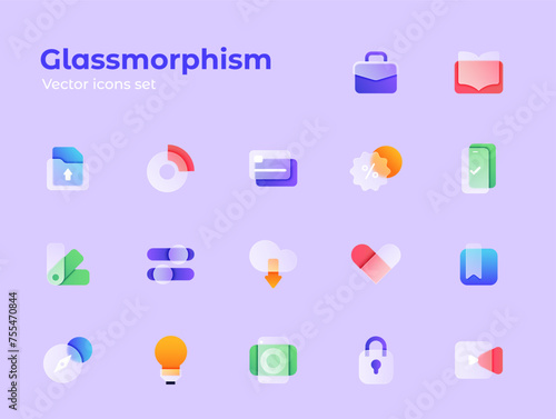 Modern trendy icons in the style of glass morphism with gradient, blur and transparency. The collection includes 17 icons of different colors in a single style. Vector illustration