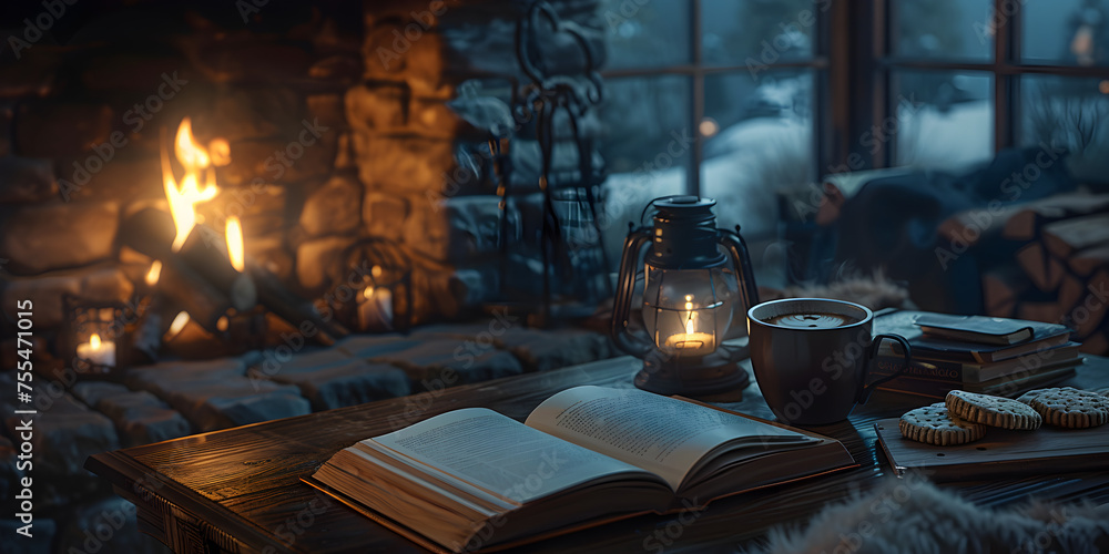 a cozy living room, with a fireplace and flickering candlelight, on a cold winter night.
