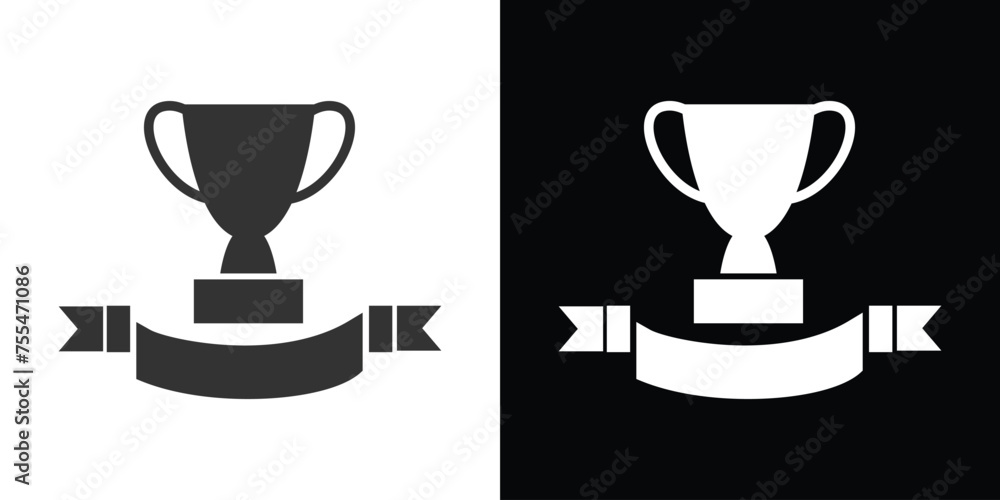 gold trophy cup with label icon on black - obrazy, fototapety, plakaty 
