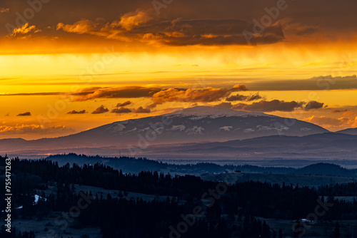 View of Babia G  ra at sunset from the viewpoint in Czarna G  ra