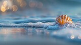 A seashell in the ocean shoreline with a blurred bokeh background, a shell at the beach surrounded by sea water, a seashell at the seashore, World ocean day concept, AI generated