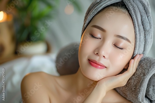 portrait of an Asian woman in spa relaxing, wellness, Rejuvenation