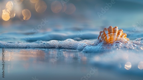 A seashell in the ocean shoreline with a blurred bokeh background, a shell at the beach surrounded by sea water, a seashell at the seashore, World ocean day concept, AI generated photo