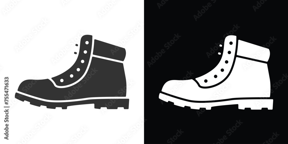 hiking boots on black and white - obrazy, fototapety, plakaty 
