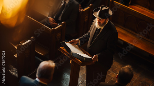 Jewish rabbi preaching in a synagogue photo