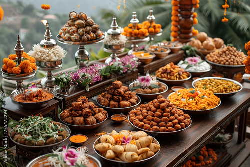 Tables filled with traditional dishes like samosas  pakoras  and sweets like ladoos and jalebi.