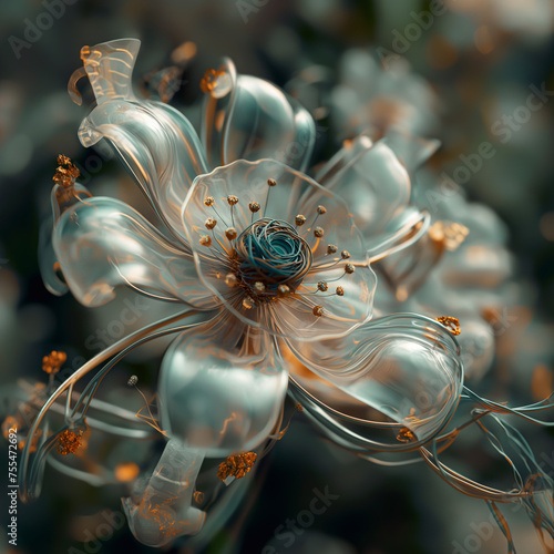 A delicate robotic flower featuring transparent petals with golden highlights and a coiled center, set amidst a blurred greenery.