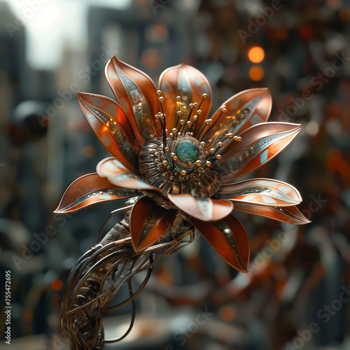 A bronze-hued mechanical flower with sharp petals and a detailed, gear-like center, all set against a bokeh of lights.