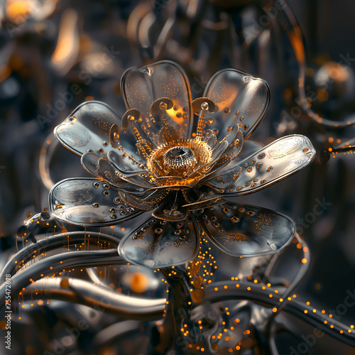 A glass-like flower with sleek black petals and golden circuit tracings, emerging from a pool of molten metal droplets.