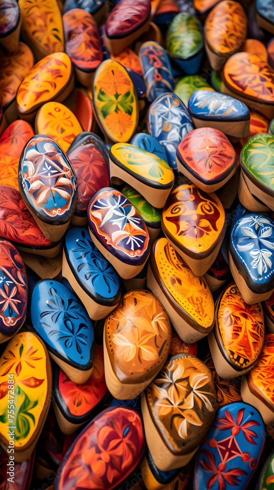Artistic Display of Traditional Wooden Clogs - A Melange of Colors and Craftsmanship