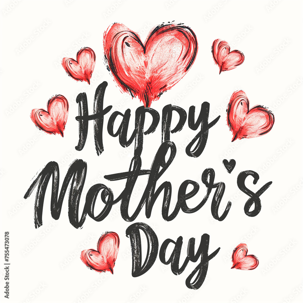 Happy Mother's Day handwritten calligraphy black text with hand drawn red hearts. Modern brush lettering on white background. T-shirt print design Happy Mother's Day handwritten calligraphy black text with hand drawn red hearts. Modern brush lettering on white background. T-shirt print design