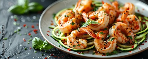 Gluten-Free Shrimp Scampi with Zucchini Noodles Served on a White Plate. Concept Gluten-Free Recipes, Shrimp Scampi, Zucchini Noodles, Healthy Eating, Food Presentation