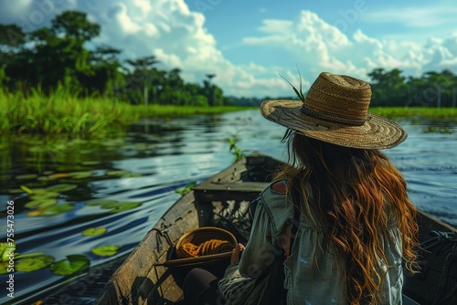 Happy tourist taking a boat ride through the Pantanal wetlands in Brazil. Full color photo. Canon r5, aperture f/1.8 --ar 3:2 --stylize 750 Job ID: 22c36e1f-3bac-4f18-9b63-34e0ade7a7a3