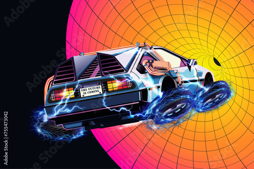 Retro futuristic time-machine car, in the space-time continuum. 1980s style. Vintage poster