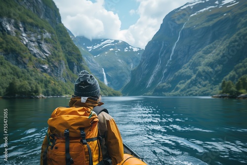 Happy tourist taking a scenic boat ride along the fjords of Norway. Full color photo. Canon r5, aperture f/1.8 --ar 3:2 --stylize 750 Job ID: fc727628-3a61-4f90-b8d2-5cd10e57e99f