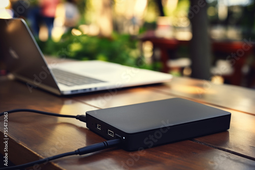 External hard drive connected to a laptop on a wooden table