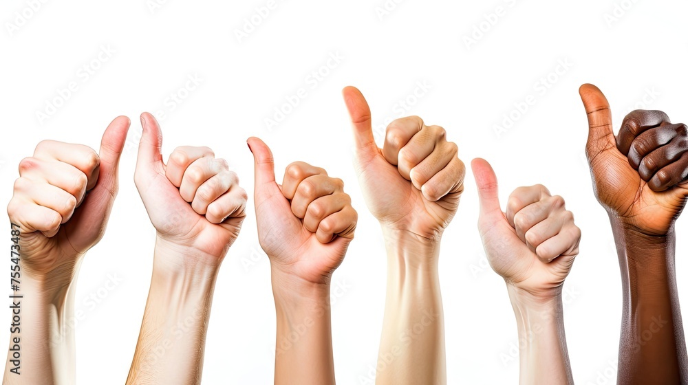 Various hands give thumbs up, conveying the like concept, on a white background, Ai Generated. Various hands give thumbs up, conveying the like concept, on a white background, Ai Generated.