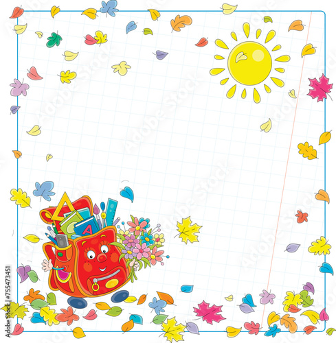 School background with a funny cartoonish schoolbag holding a holiday bouquet of colorful flowers and waving in greeting among autumn leaves before start of classes, vector cartoon illustration