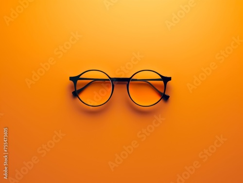 Sleek round black eyeglasses cast a subtle shadow on a bright orange backdrop, a classic accessory with a modern twist.