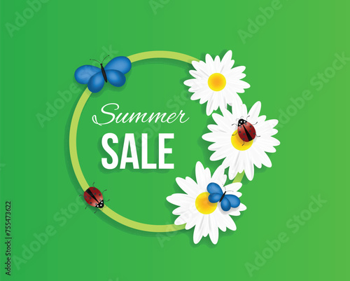 Summer Sale Banner with White Chamomiles. Summertime and nature concept vector art