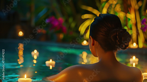 Woman unwinding in a tranquil candlelit pool at dusk, emanating peacefulness and luxury