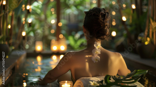 A serene woman unwinds in a luxurious bath adorned with candles and fresh flowers, surrounded by a tranquil tropical atmosphere photo