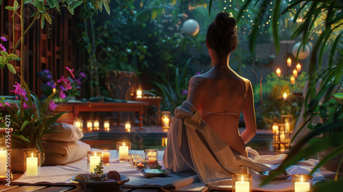 Serene tropical spa setting with woman wrapped in a towel enjoying the exotic ambiance among lush greenery © Fxquadro