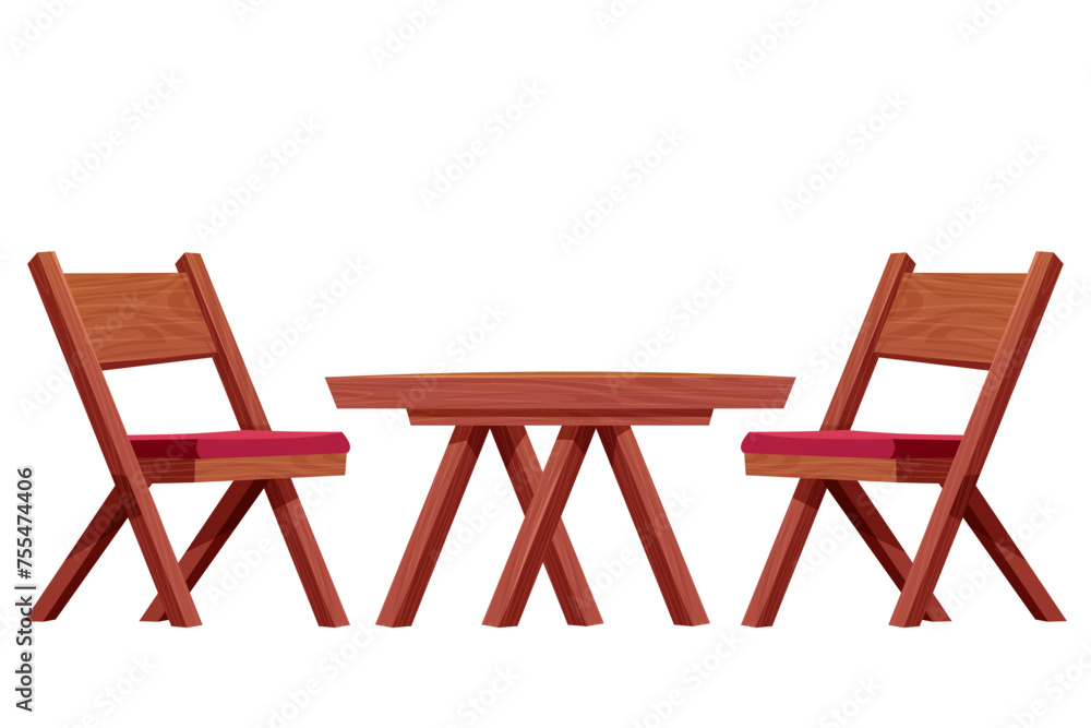 Picnic table with chair set wooden furniture, wood desk with leg rustic construction isolated on white background. Comic wooden textured coffee table.