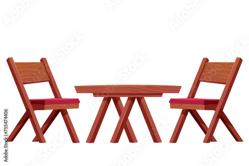 Picnic table with chair set wooden furniture, wood desk with leg rustic construction isolated on white background. Comic wooden textured coffee table.
