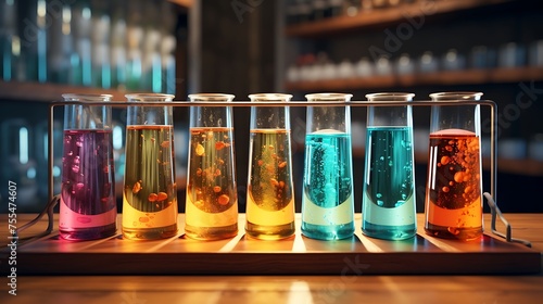  A collection of colorful test tubes filled with various color liquid, arranged on an elegant wooden tray in the foreground