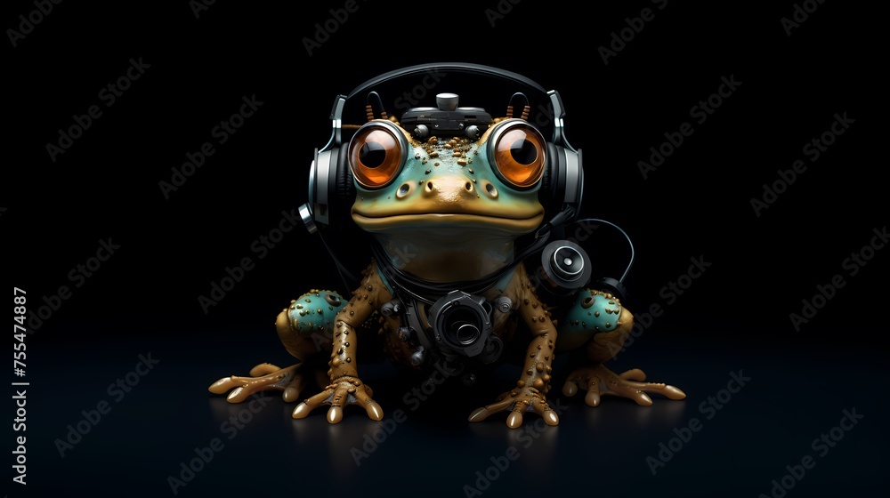 Ein farbiger Frosch mit Kopfhörern. - obrazy, fototapety, plakaty 