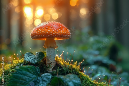 A red toadstool in the forest with sunshine and trees and a blurred bokeh background, Fly Agaric or Fly Amanita with moss and leaves in a wood, An autumn scene with red poisonous mushroom photo