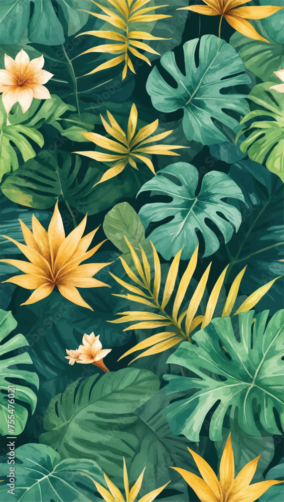 Beautiful seamless vector floral pattern, spring summer background with tropical flowers, palm leaves, jungle leaf, gloriosa lily flower,  Leaves Blossom, Exotic wallpaper, Hawaiian, watercolour style