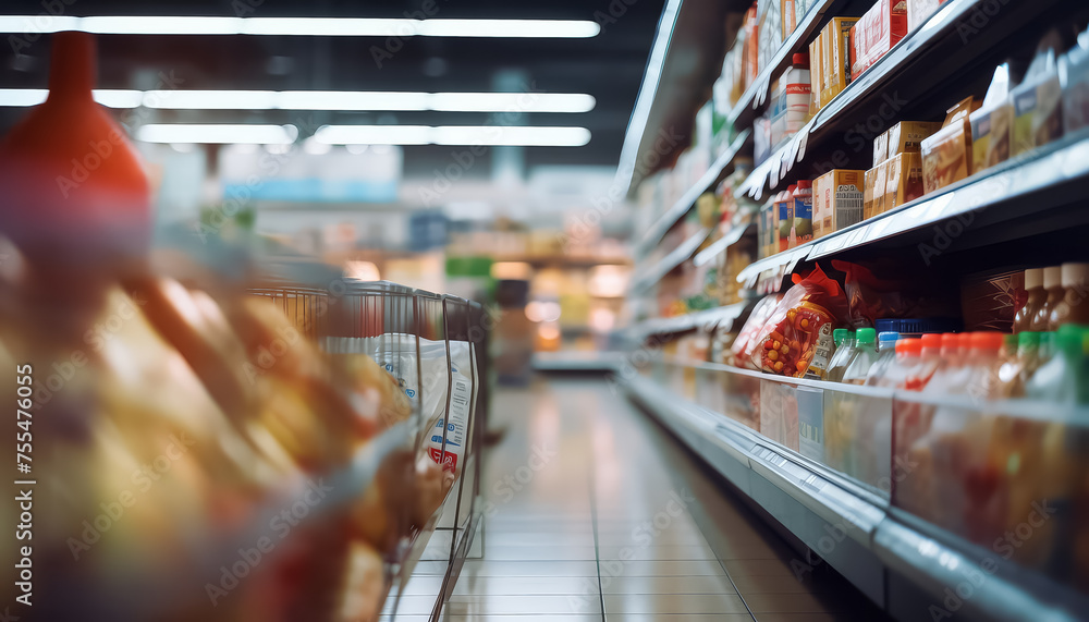 A blurry image of a grocery store aisle with a cart in the middle - obrazy, fototapety, plakaty 
