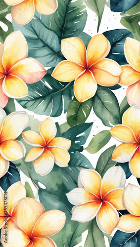 Beach cheerful seamless pattern wallpaper of tropical dark green leaves of palm trees and flowers bird of paradise  strelitzia  plumeria on a watercolor background