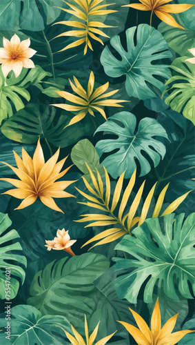 Beautiful seamless vector floral pattern  spring summer background with tropical flowers  palm leaves  jungle leaf  gloriosa lily flower   Leaves Blossom  Exotic wallpaper  Hawaiian  watercolour style
