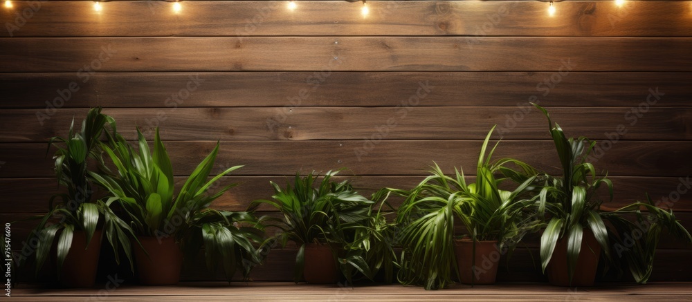 A lineup of potted plants arranged neatly along a wooden wall indoors. The plants are sitting on a wood surface, with subtle string lights creating a cozy atmosphere. There is ample copy space in the A lineup of potted plants arranged neatly along a wooden wall indoors. The plants are sitting on a wood surface, with subtle string lights creating a cozy atmosphere. There is ample copy space in the