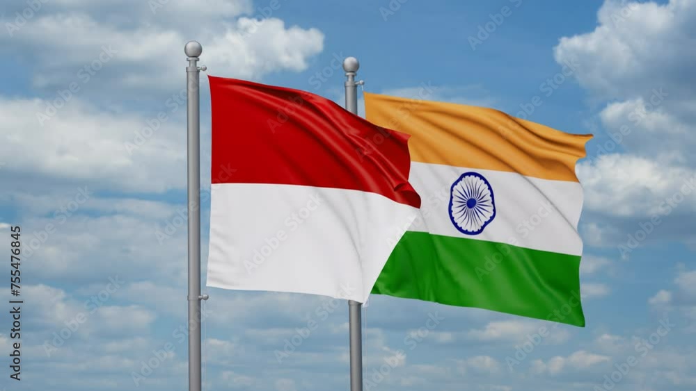 India and Indonesia two flags waving together, looped video, two country relations concept India and Indonesia two flags waving together, looped video, two country relations concept