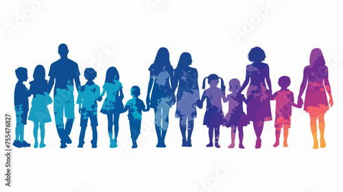 Isolated silhouette of a large family many children