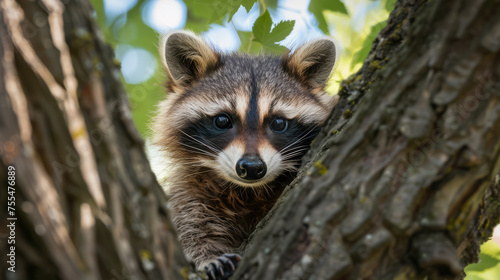 An adult raccoon in the fork of a tree.