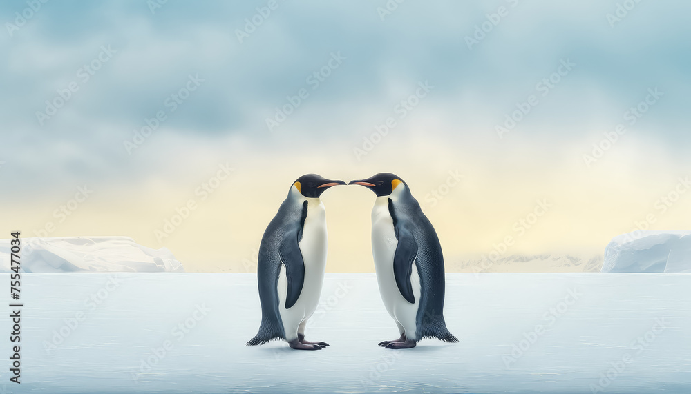 Two penguins standing next to each other on a snowy surface