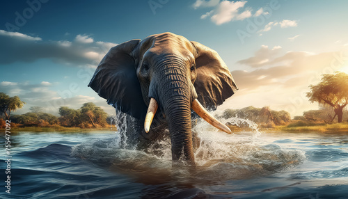 A large elephant is running through a river, splashing water everywhere © terra.incognita
