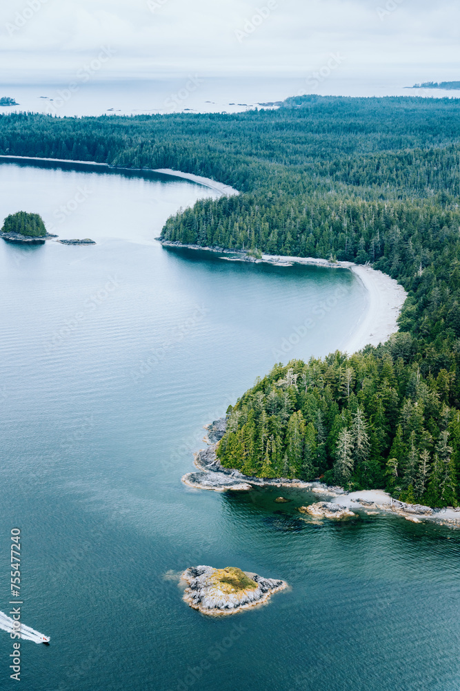 Aerial of Tofino inlet with islands