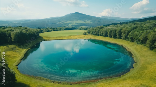 Beautiful scenic blue pond surrounded by green fields and forests, meadow, tranquility, idyllic, high angle drone point of view aerial